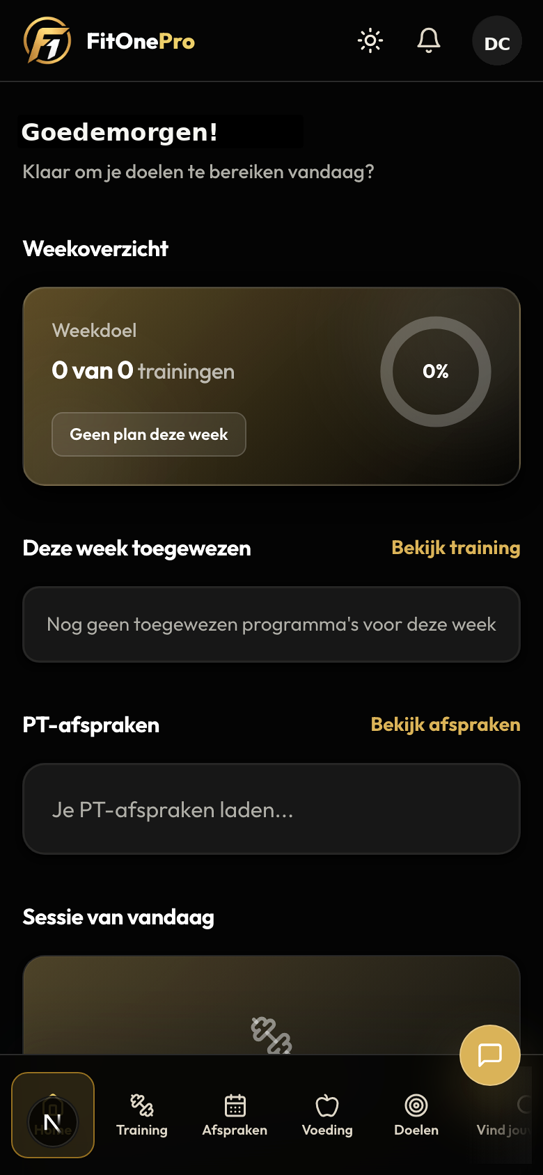 Dashboard in de FitOnePro Client App
