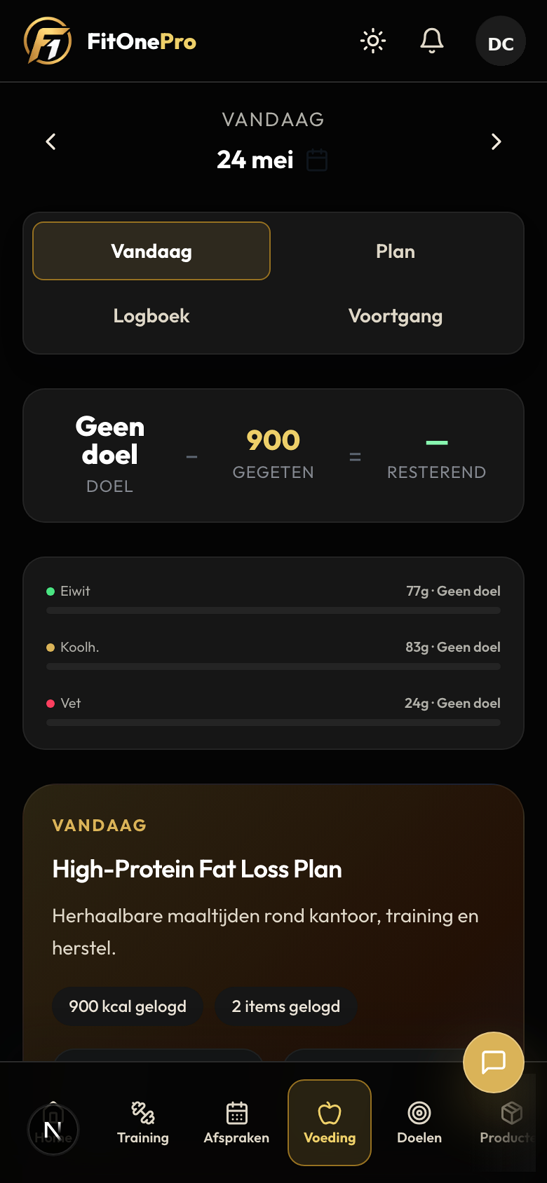 Meal plans in de FitOnePro Client App