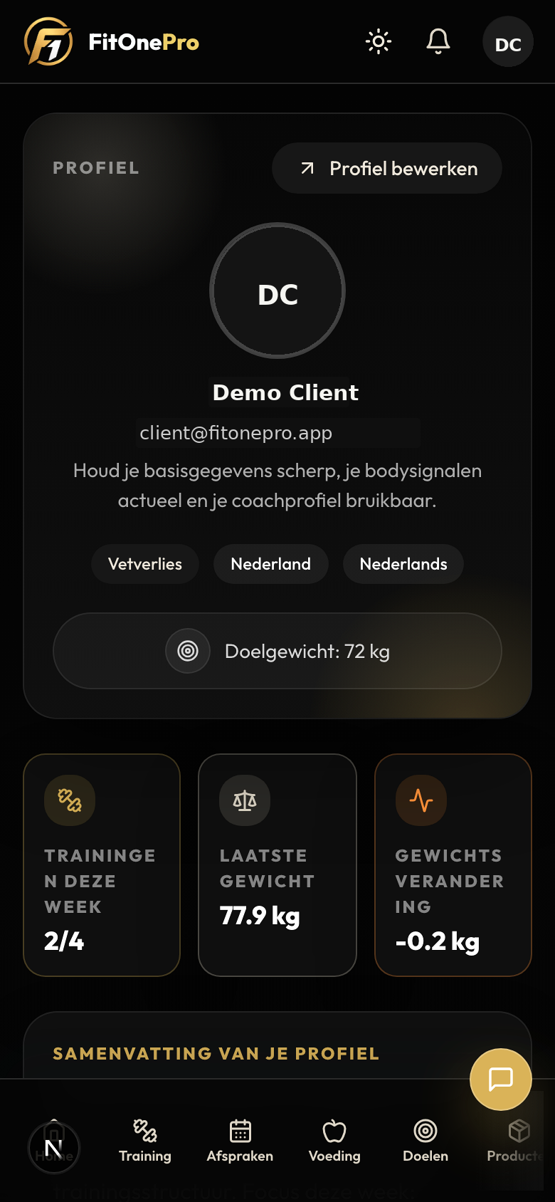 Profiel en instellingen in de FitOnePro Client App