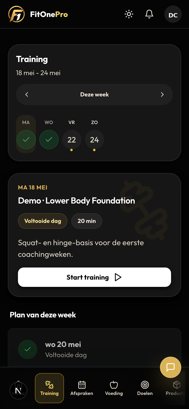 Workouts in de FitOnePro Client App