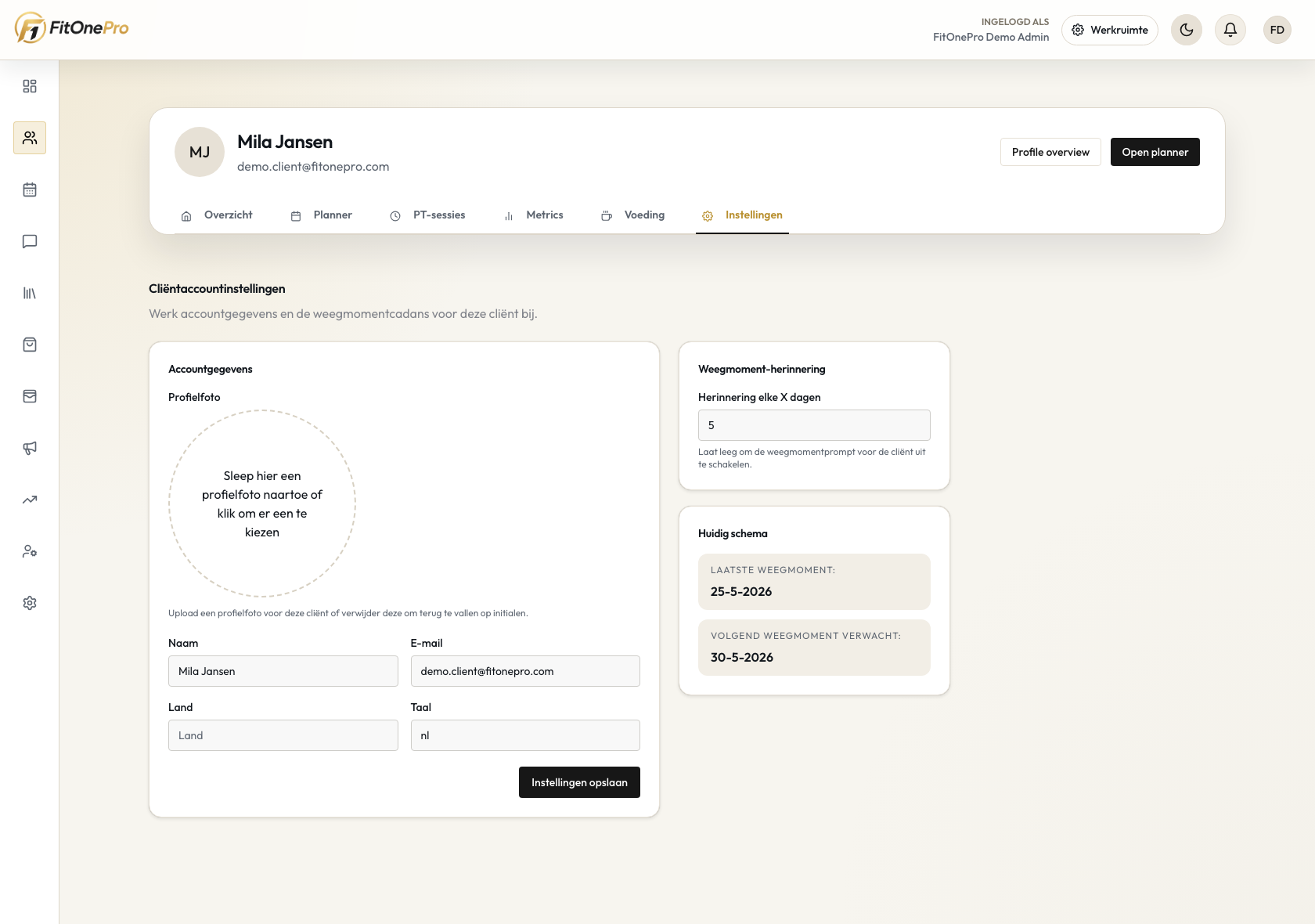 Client dossier in de FitOnePro Manager App