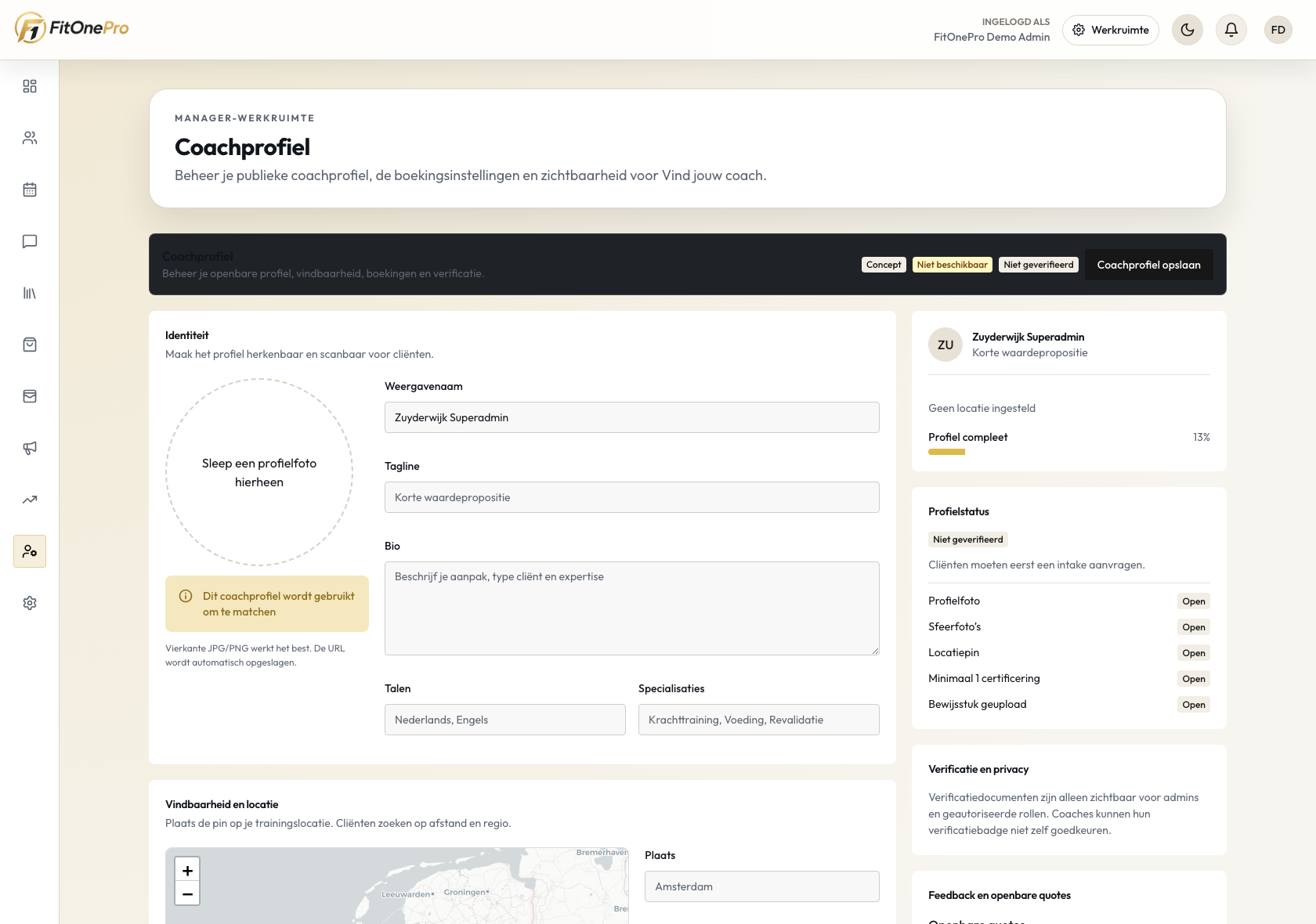 Coachprofielen in de FitOnePro Manager App