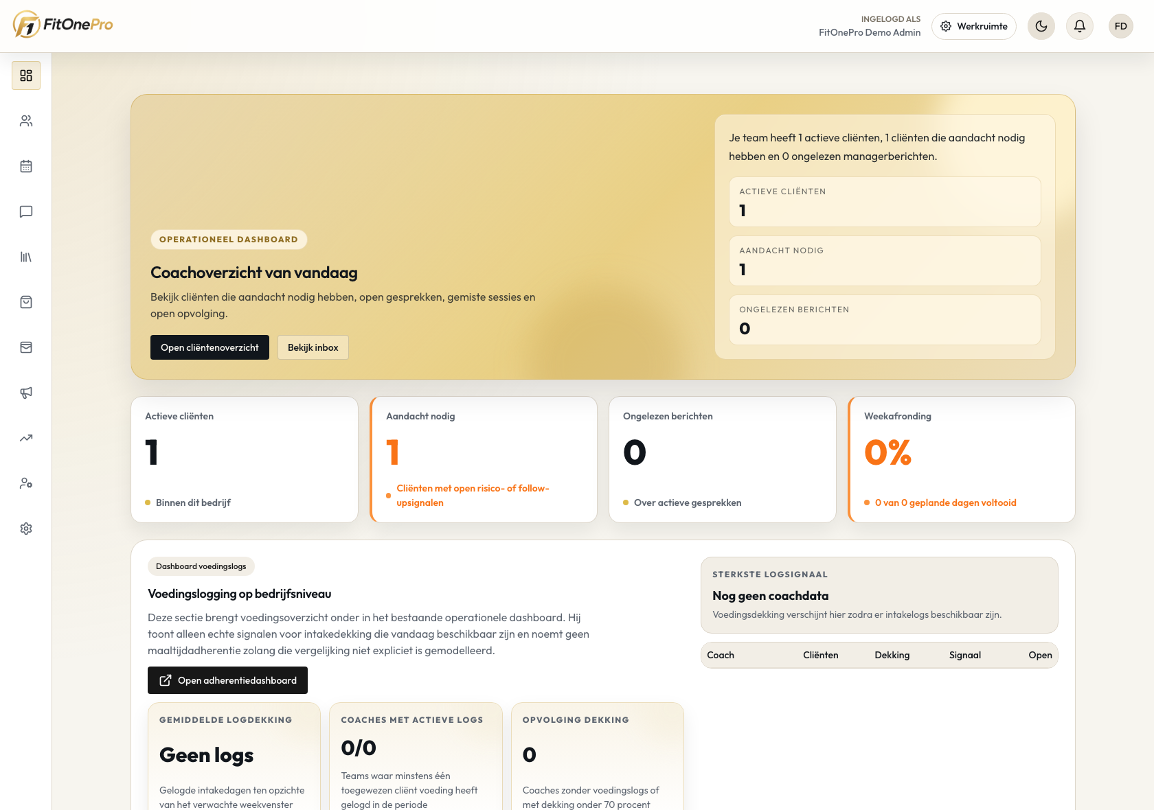 Dashboard in de FitOnePro Manager App