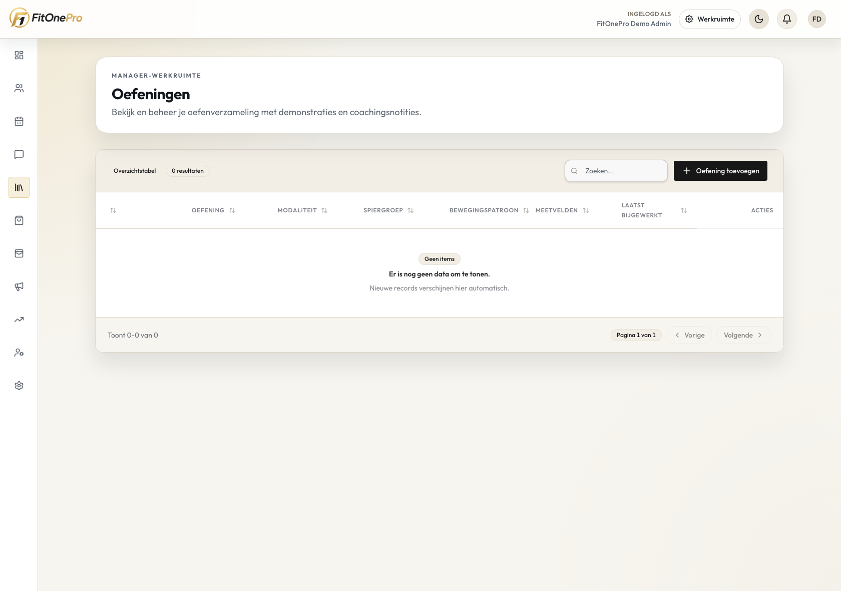 Exercise Library in de FitOnePro Manager App