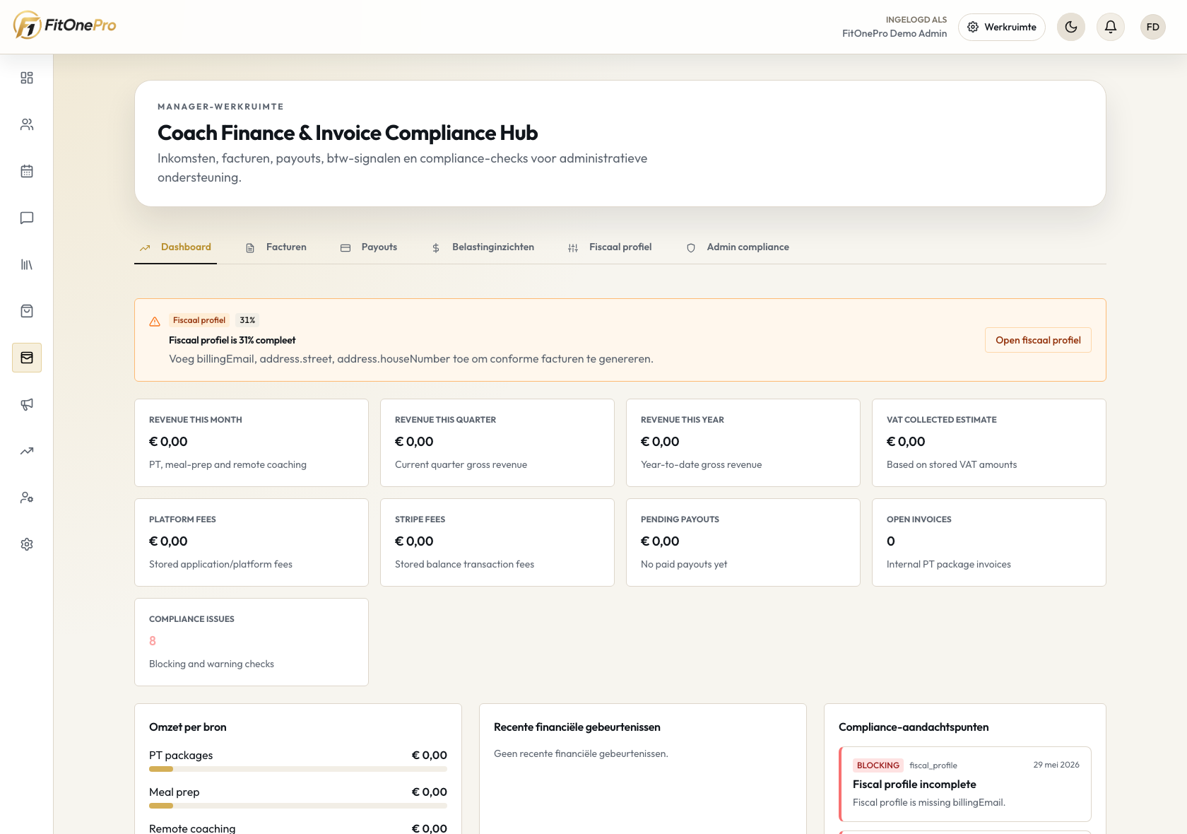 Finance in de FitOnePro Manager App