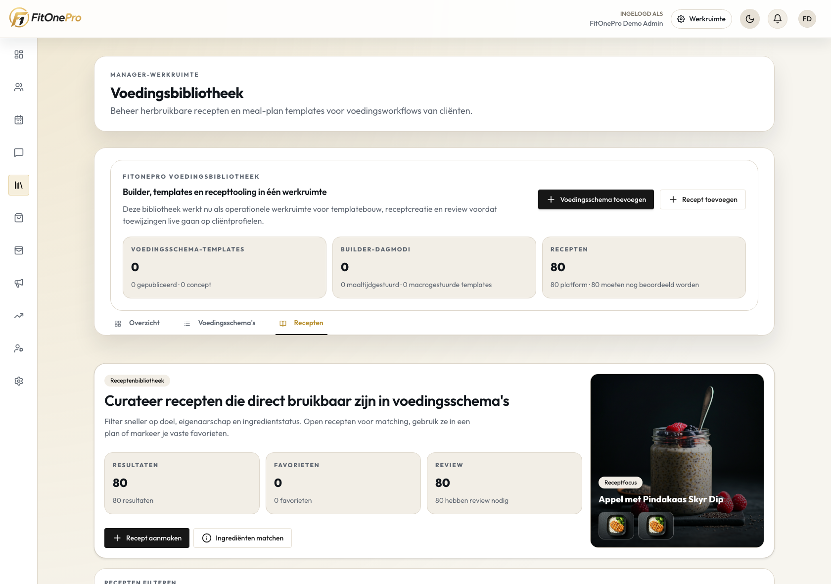 Ingrediënten in de FitOnePro Manager App