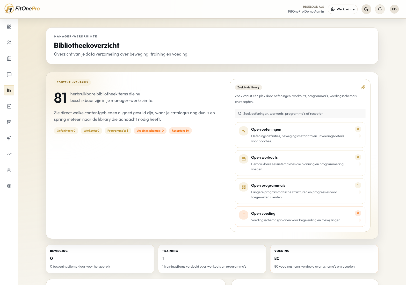 Library in de FitOnePro Manager App