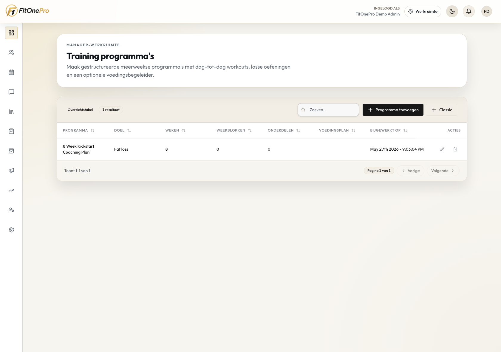 Programma’s in de FitOnePro Manager App