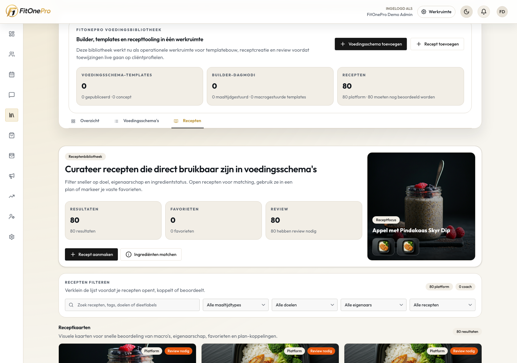 Recepten beheren in de FitOnePro Manager App