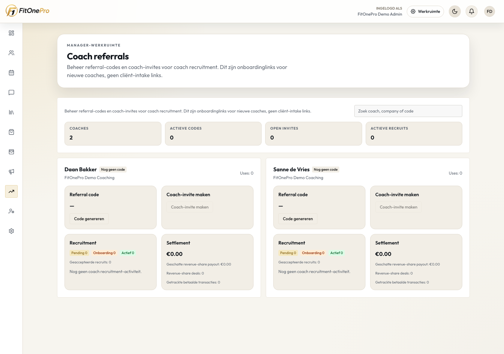Referral codes en invites in de FitOnePro Manager App