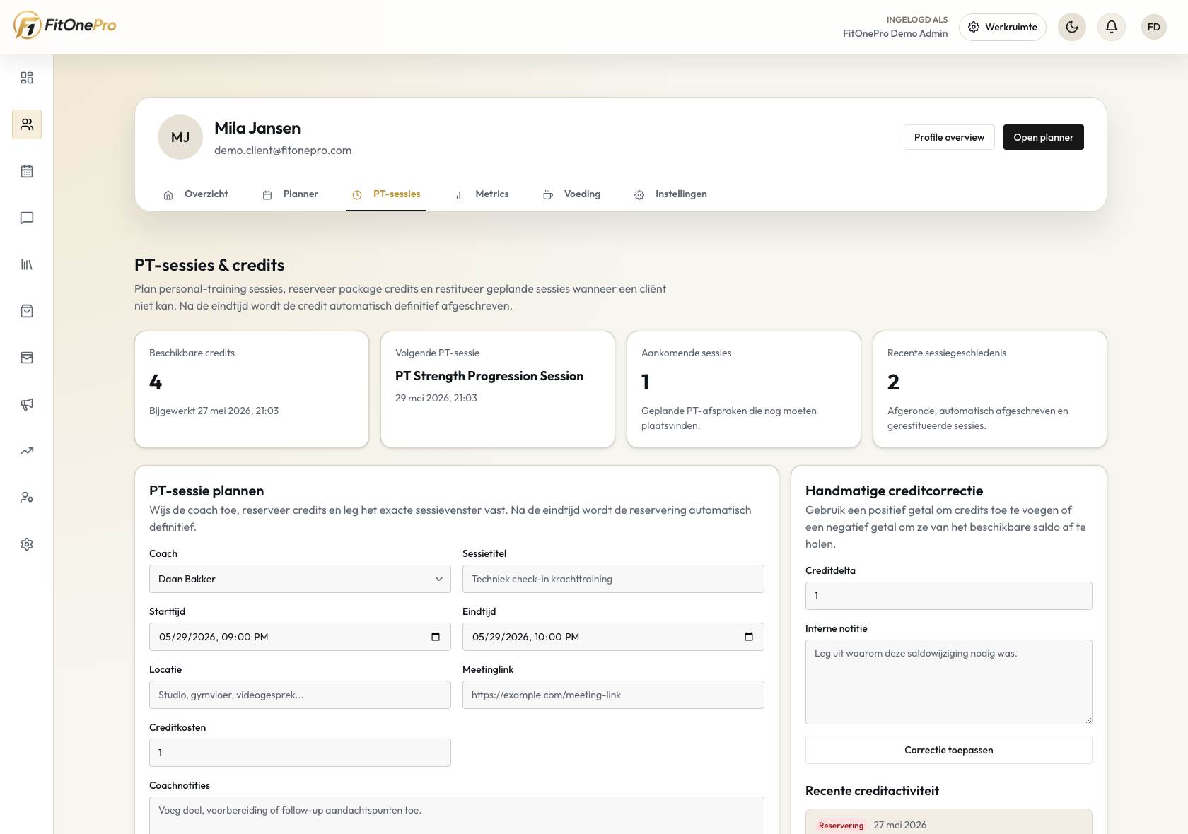 PT sessies in de FitOnePro Manager App