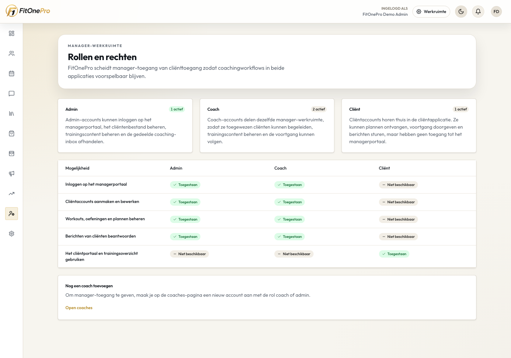 Teamrollen en rechten in de FitOnePro Manager App